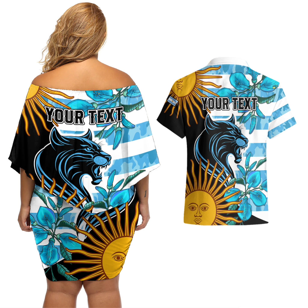 Personalised Argentina Couples Matching Off Shoulder Short Dress and Hawaiian Shirt Los Pumas and Sol de Mayo Ceibo Flowers LT9 - Wonder Print Shop