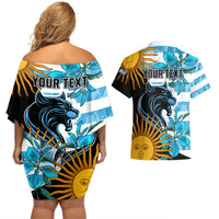 Personalised Argentina Couples Matching Off Shoulder Short Dress and Hawaiian Shirt Los Pumas and Sol de Mayo Ceibo Flowers LT9 - Wonder Print Shop