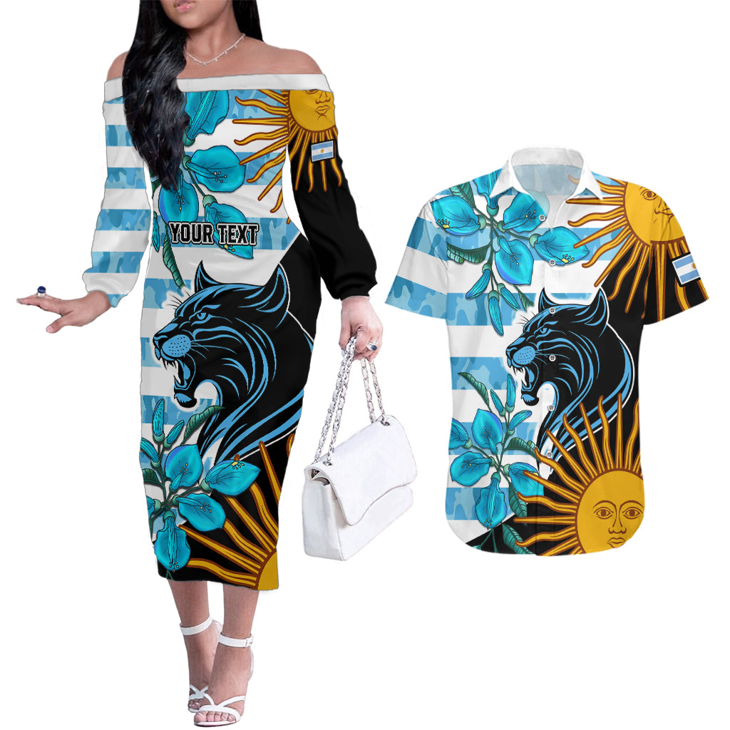 Personalised Argentina Couples Matching Off The Shoulder Long Sleeve Dress and Hawaiian Shirt Los Pumas and Sol de Mayo Ceibo Flowers LT9 - Wonder Print Shop