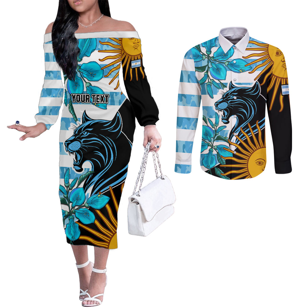 personalised-argentina-couples-matching-off-the-shoulder-long-sleeve-dress-and-long-sleeve-button-shirts-los-pumas-and-sol-de-mayo-ceibo-flowers