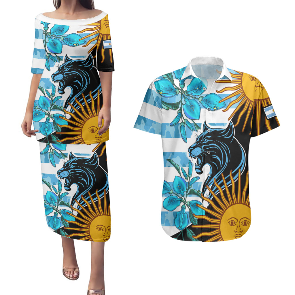 Personalised Argentina Couples Matching Puletasi Dress and Hawaiian Shirt Los Pumas and Sol de Mayo Ceibo Flowers LT9 - Wonder Print Shop
