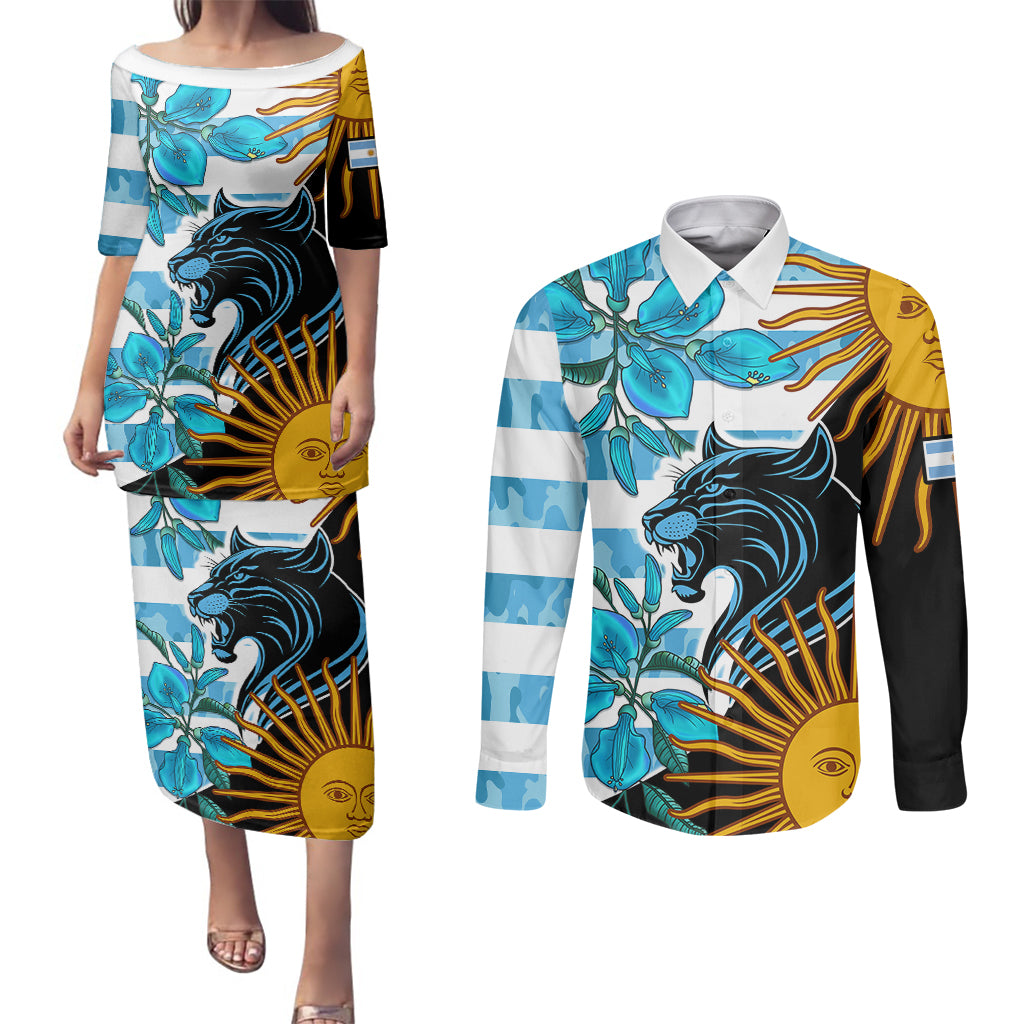 Personalised Argentina Couples Matching Puletasi Dress and Long Sleeve Button Shirts Los Pumas and Sol de Mayo Ceibo Flowers LT9 - Wonder Print Shop