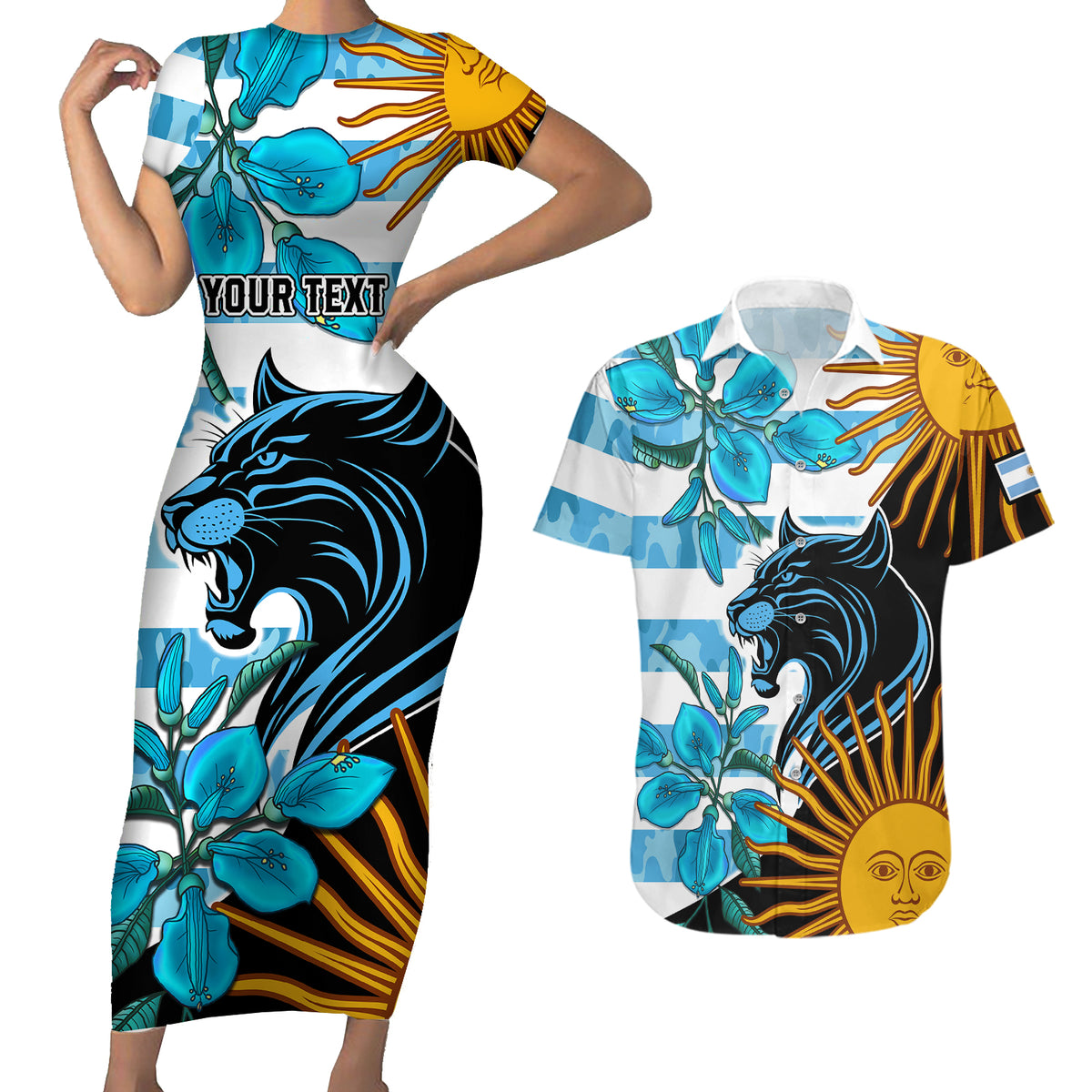 Personalised Argentina Couples Matching Short Sleeve Bodycon Dress and Hawaiian Shirt Los Pumas and Sol de Mayo Ceibo Flowers LT9 - Wonder Print Shop