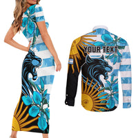 Personalised Argentina Couples Matching Short Sleeve Bodycon Dress and Long Sleeve Button Shirts Los Pumas and Sol de Mayo Ceibo Flowers LT9 - Wonder Print Shop