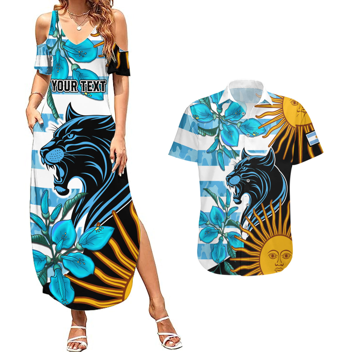 Personalised Argentina Couples Matching Summer Maxi Dress and Hawaiian Shirt Los Pumas and Sol de Mayo Ceibo Flowers LT9 - Wonder Print Shop