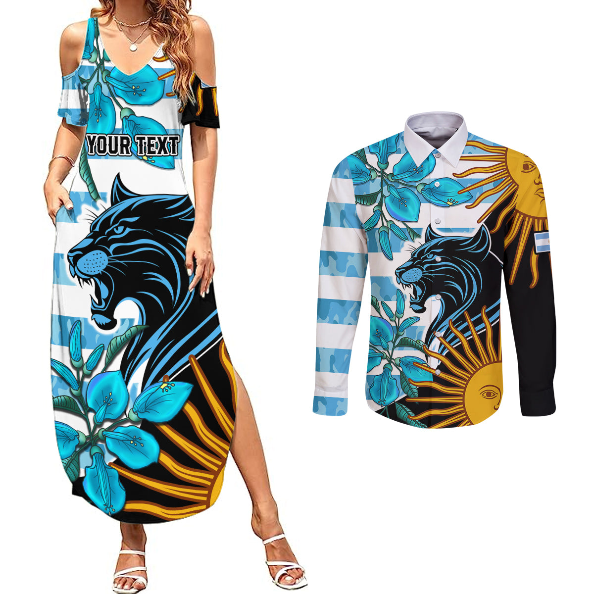 Personalised Argentina Couples Matching Summer Maxi Dress and Long Sleeve Button Shirts Los Pumas and Sol de Mayo Ceibo Flowers LT9 - Wonder Print Shop