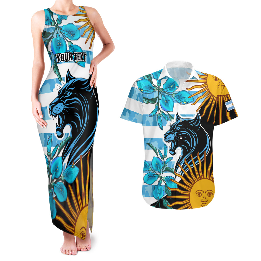Personalised Argentina Couples Matching Tank Maxi Dress and Hawaiian Shirt Los Pumas and Sol de Mayo Ceibo Flowers LT9 - Wonder Print Shop