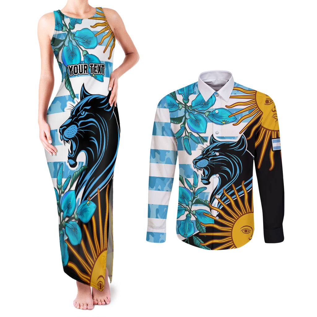 Personalised Argentina Couples Matching Tank Maxi Dress and Long Sleeve Button Shirts Los Pumas and Sol de Mayo Ceibo Flowers LT9 - Wonder Print Shop