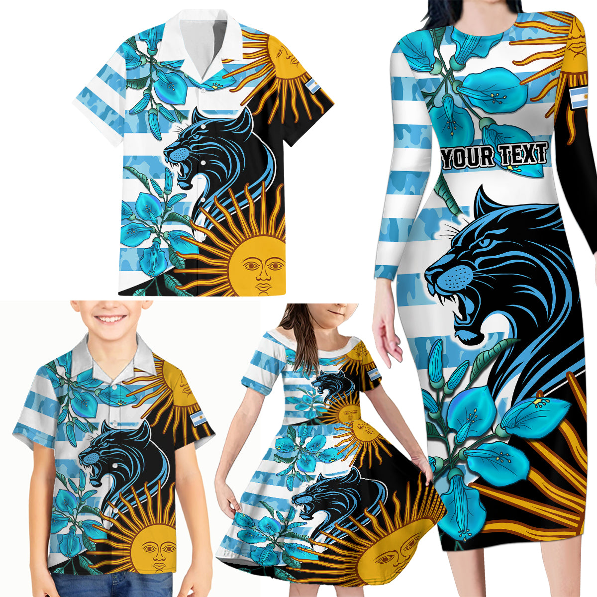 Personalised Argentina Family Matching Long Sleeve Bodycon Dress and Hawaiian Shirt Los Pumas and Sol de Mayo Ceibo Flowers LT9 - Wonder Print Shop
