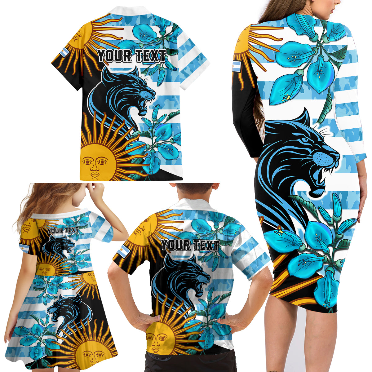 Personalised Argentina Family Matching Long Sleeve Bodycon Dress and Hawaiian Shirt Los Pumas and Sol de Mayo Ceibo Flowers LT9 - Wonder Print Shop