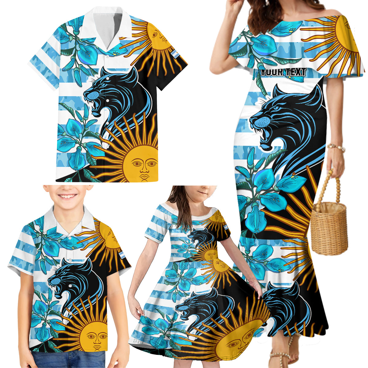 Personalised Argentina Family Matching Mermaid Dress and Hawaiian Shirt Los Pumas and Sol de Mayo Ceibo Flowers LT9 - Wonder Print Shop