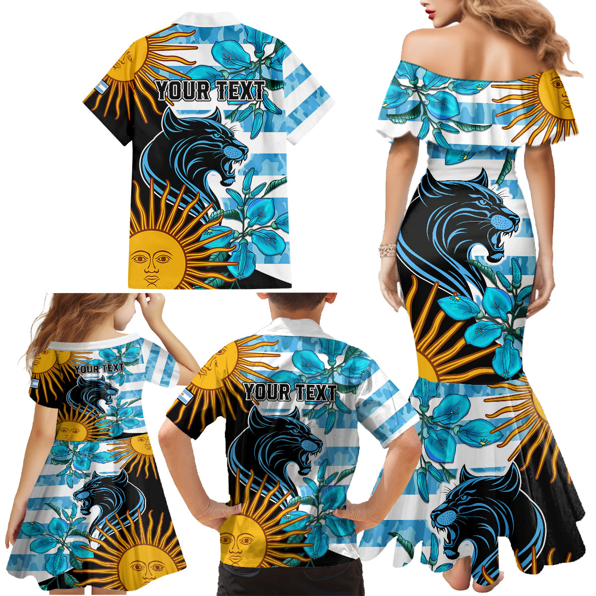 Personalised Argentina Family Matching Mermaid Dress and Hawaiian Shirt Los Pumas and Sol de Mayo Ceibo Flowers LT9 - Wonder Print Shop