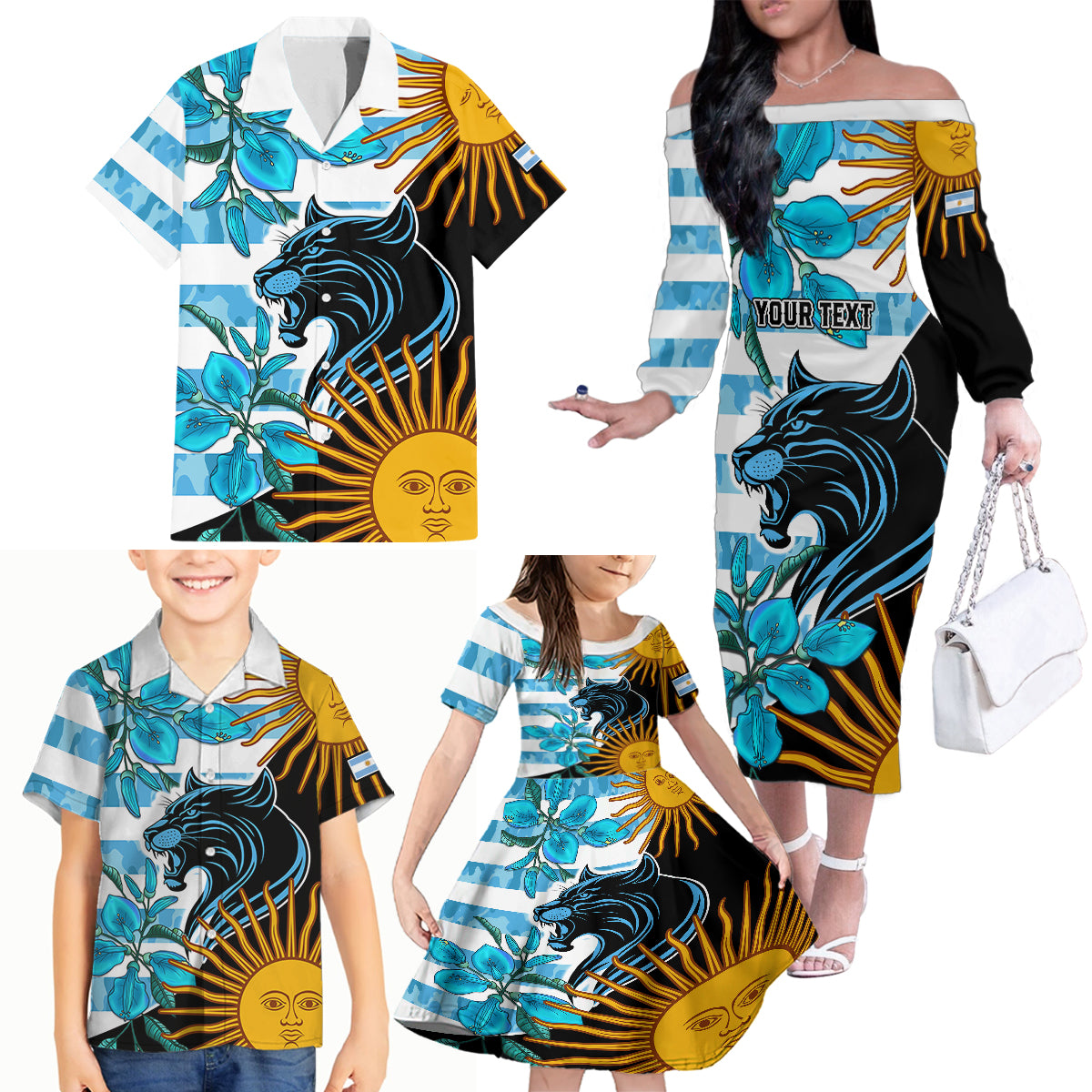 Personalised Argentina Family Matching Off Shoulder Long Sleeve Dress and Hawaiian Shirt Los Pumas and Sol de Mayo Ceibo Flowers - Wonder Print Shop