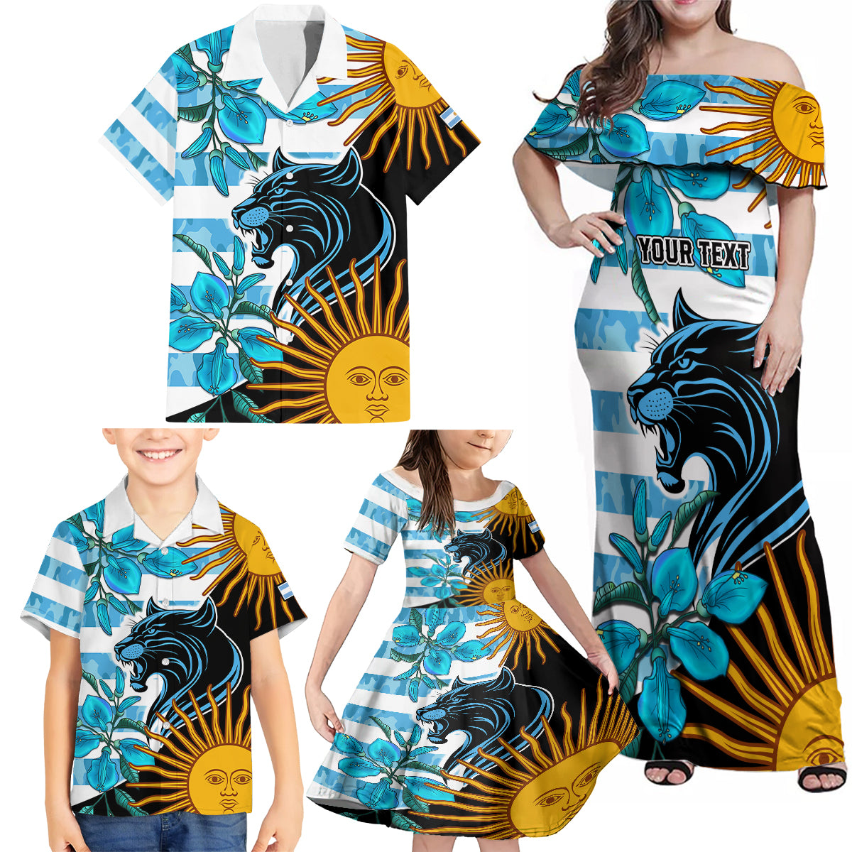 Personalised Argentina Family Matching Off Shoulder Maxi Dress and Hawaiian Shirt Los Pumas and Sol de Mayo Ceibo Flowers LT9 - Wonder Print Shop