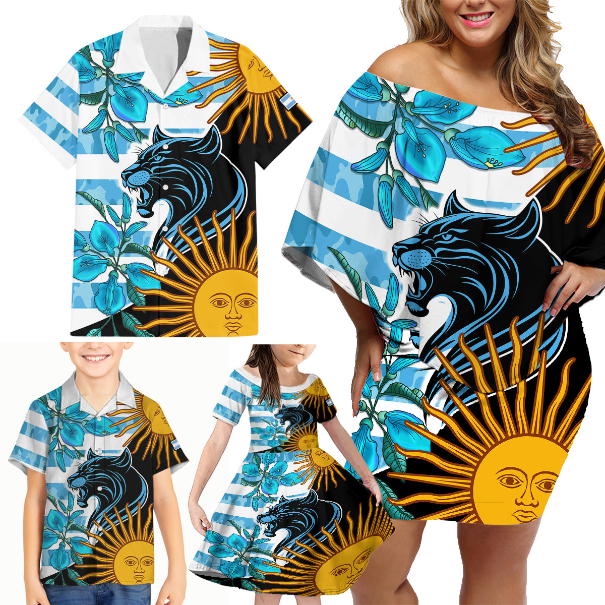 Personalised Argentina Family Matching Off Shoulder Short Dress and Hawaiian Shirt Los Pumas and Sol de Mayo Ceibo Flowers LT9 - Wonder Print Shop
