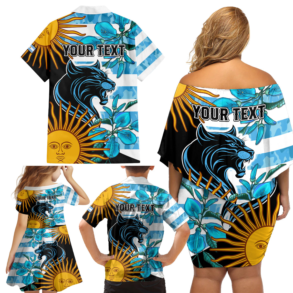 Personalised Argentina Family Matching Off Shoulder Short Dress and Hawaiian Shirt Los Pumas and Sol de Mayo Ceibo Flowers LT9 - Wonder Print Shop