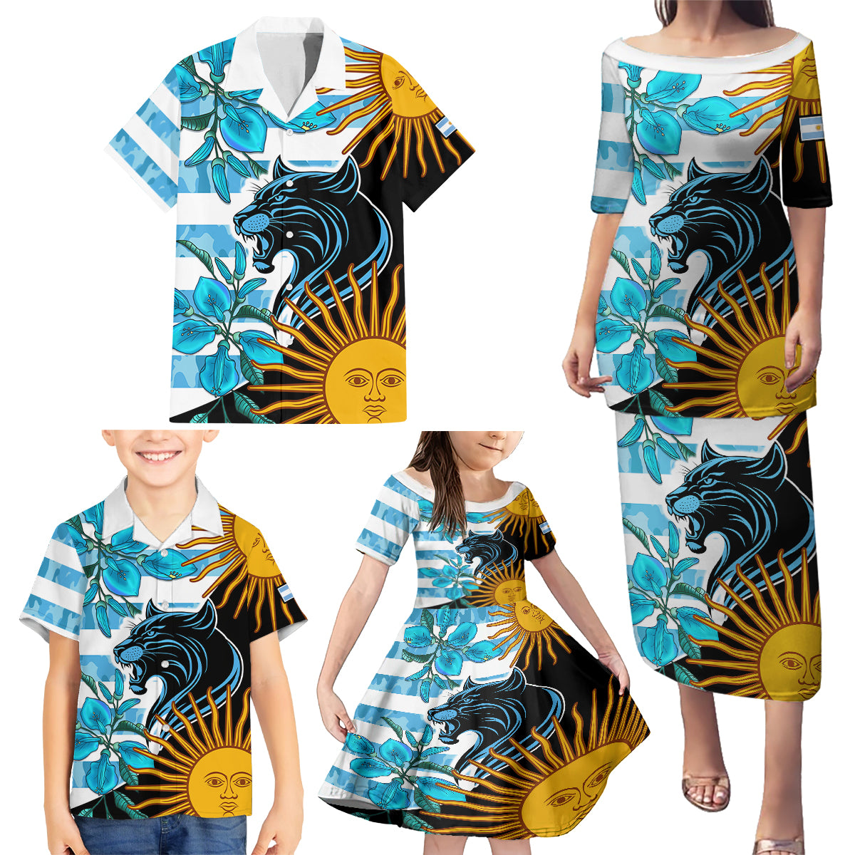 Personalised Argentina Family Matching Puletasi Dress and Hawaiian Shirt Los Pumas and Sol de Mayo Ceibo Flowers - Wonder Print Shop