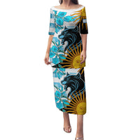 Personalised Argentina Family Matching Puletasi Dress and Hawaiian Shirt Los Pumas and Sol de Mayo Ceibo Flowers - Wonder Print Shop