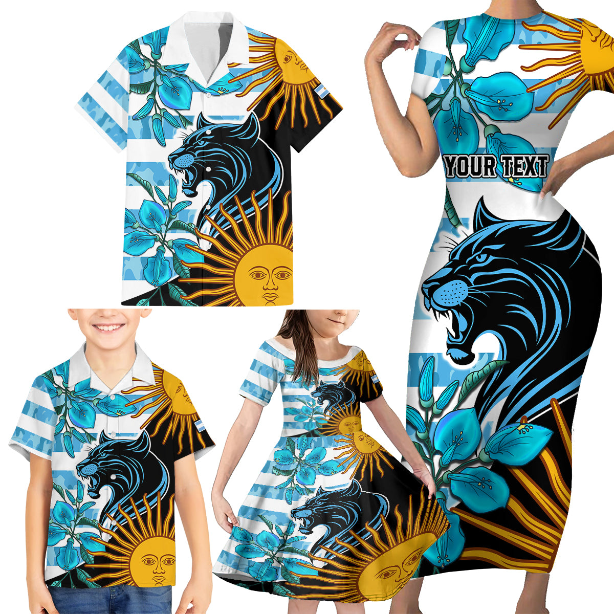 Personalised Argentina Family Matching Short Sleeve Bodycon Dress and Hawaiian Shirt Los Pumas and Sol de Mayo Ceibo Flowers - Wonder Print Shop