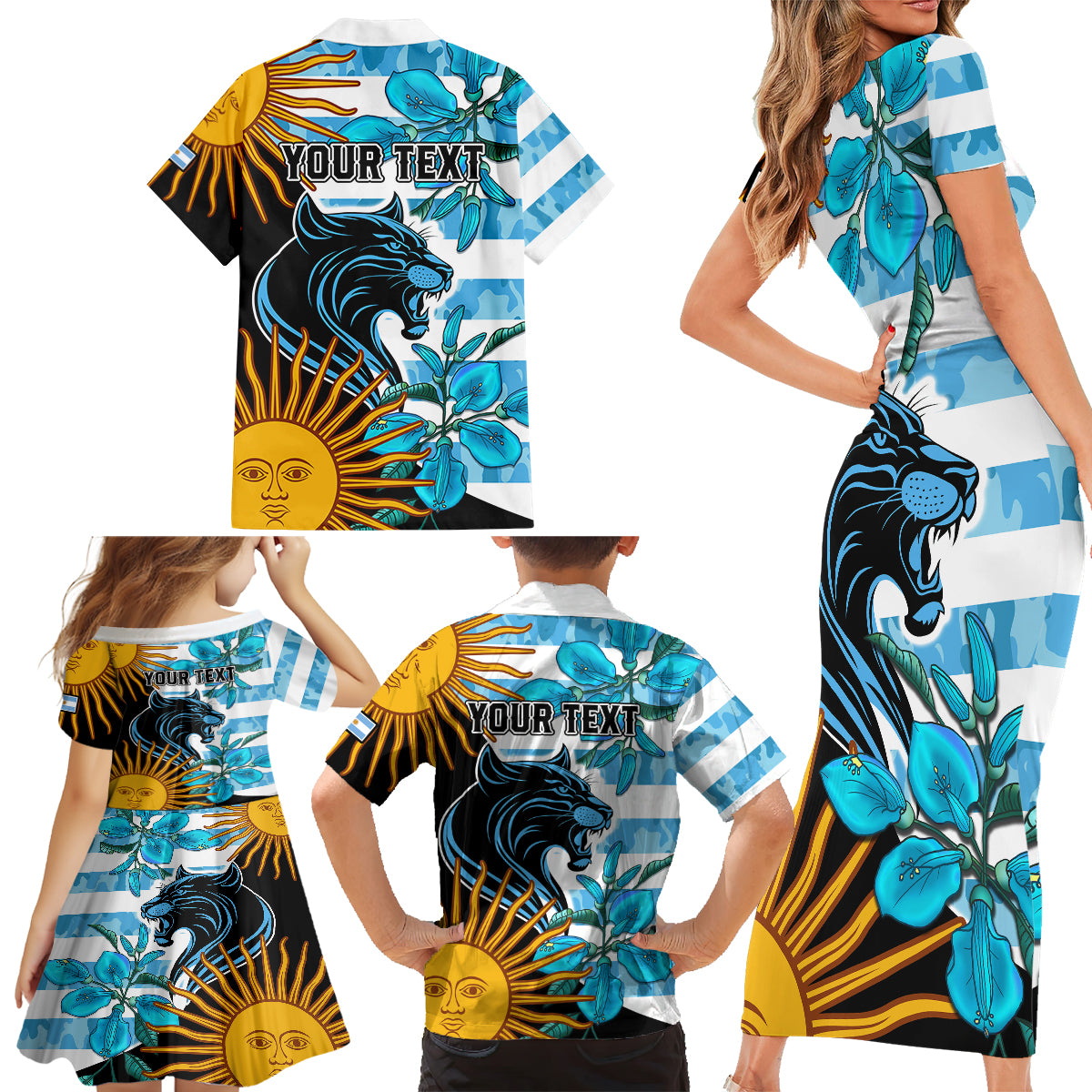 Personalised Argentina Family Matching Short Sleeve Bodycon Dress and Hawaiian Shirt Los Pumas and Sol de Mayo Ceibo Flowers - Wonder Print Shop
