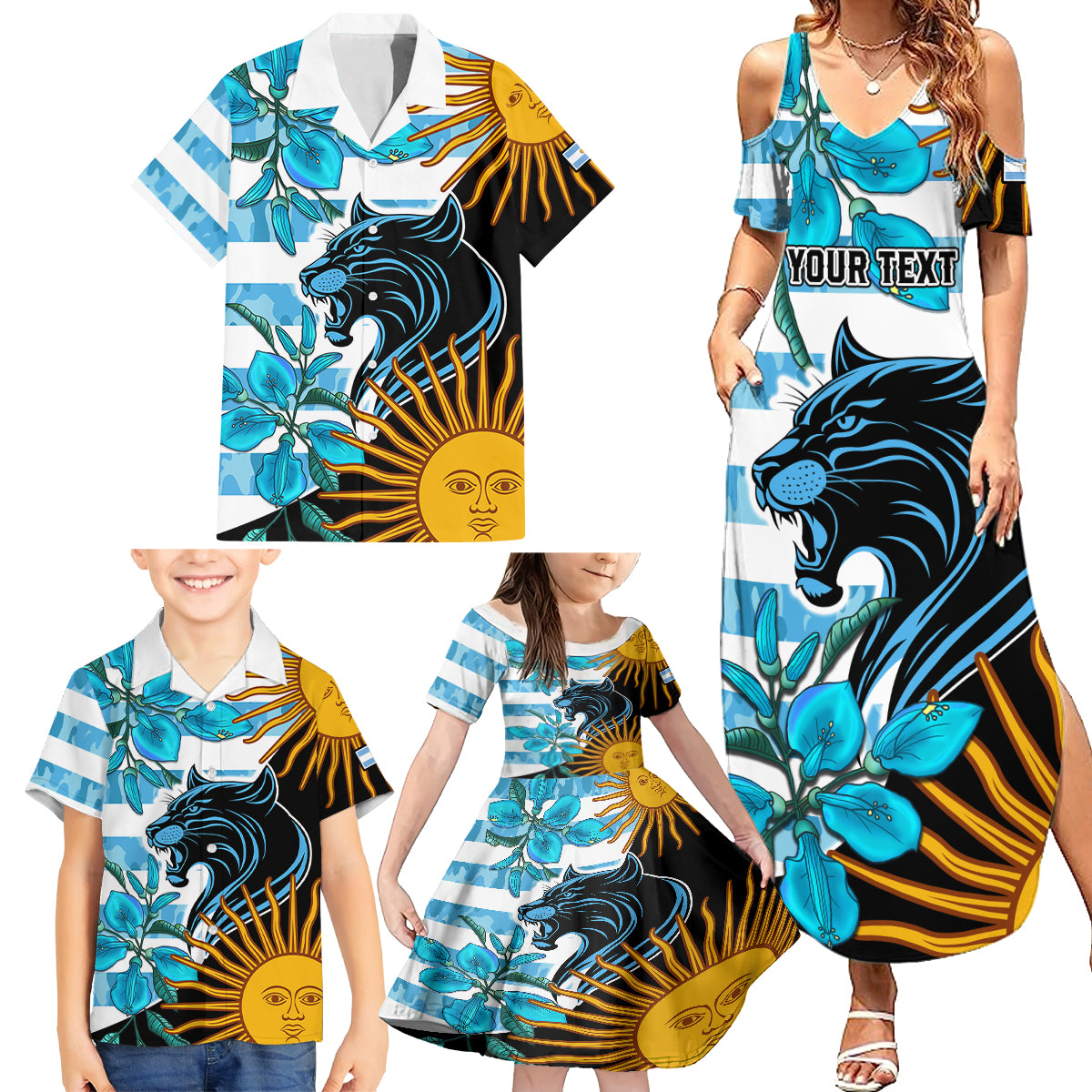 Personalised Argentina Family Matching Summer Maxi Dress and Hawaiian Shirt Los Pumas and Sol de Mayo Ceibo Flowers - Wonder Print Shop