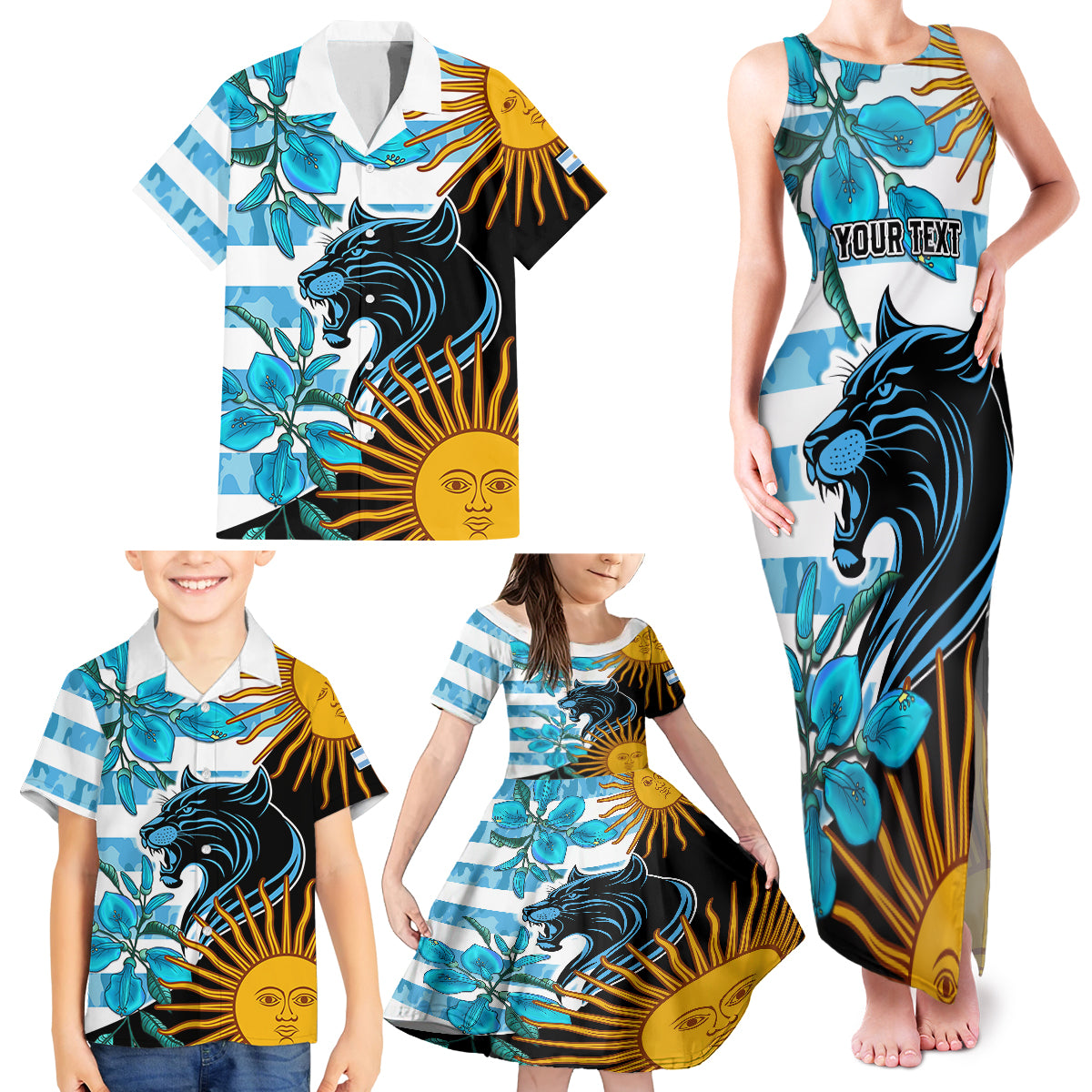 Personalised Argentina Family Matching Tank Maxi Dress and Hawaiian Shirt Los Pumas and Sol de Mayo Ceibo Flowers - Wonder Print Shop