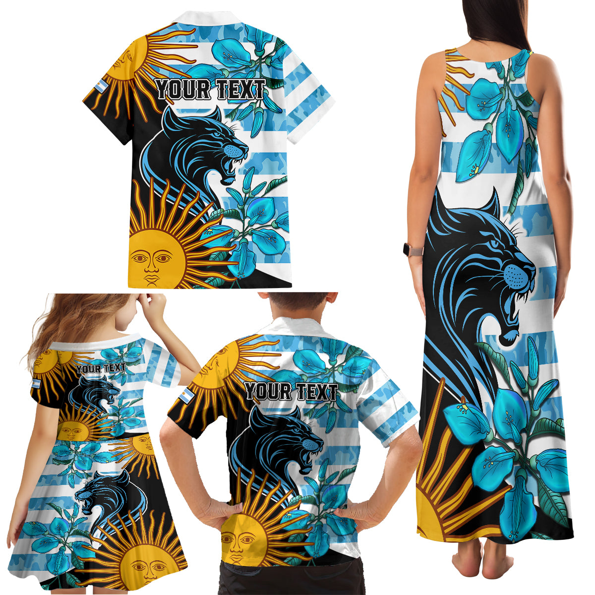 Personalised Argentina Family Matching Tank Maxi Dress and Hawaiian Shirt Los Pumas and Sol de Mayo Ceibo Flowers - Wonder Print Shop