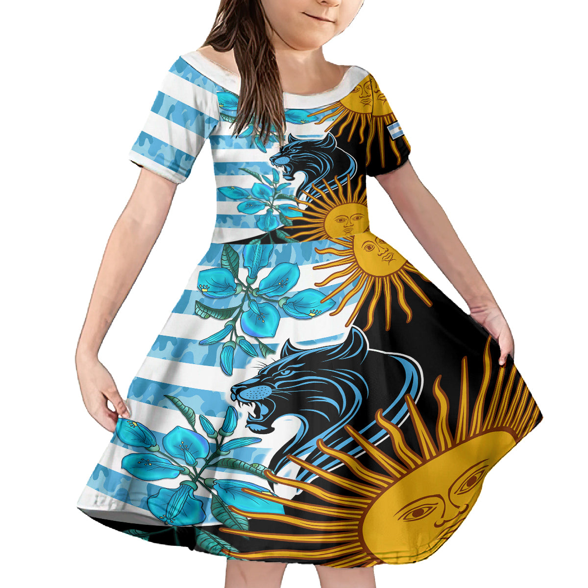 Personalised Argentina Kid Short Sleeve Dress Los Pumas and Sol de Mayo Ceibo Flowers - Wonder Print Shop