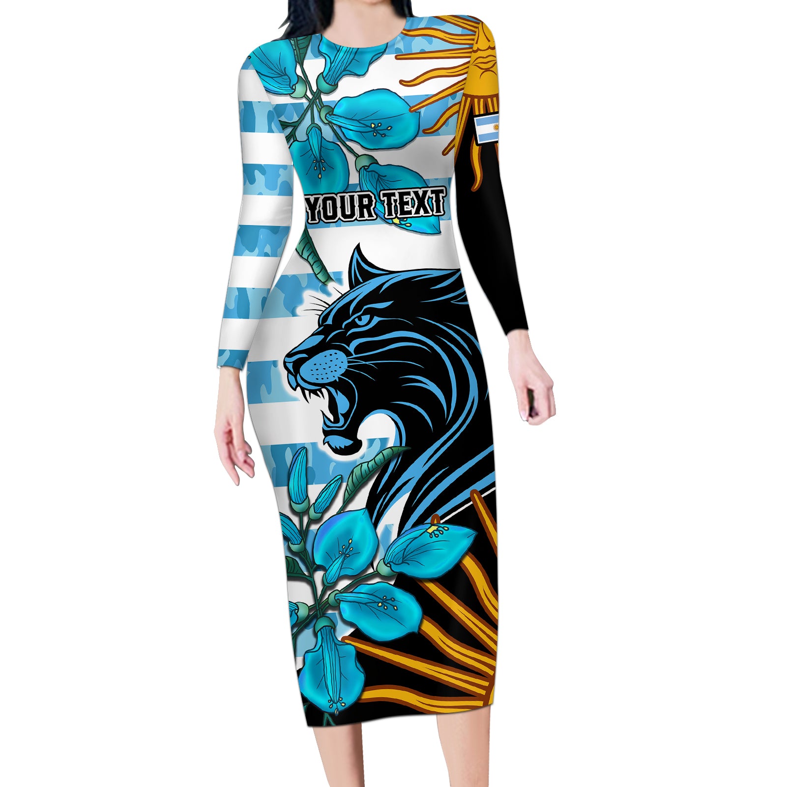 Personalised Argentina Long Sleeve Bodycon Dress Los Pumas and Sol de Mayo Ceibo Flowers - Wonder Print Shop