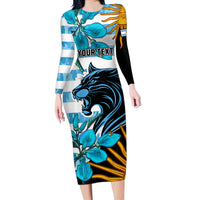 Personalised Argentina Long Sleeve Bodycon Dress Los Pumas and Sol de Mayo Ceibo Flowers - Wonder Print Shop