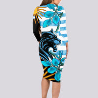 Personalised Argentina Long Sleeve Bodycon Dress Los Pumas and Sol de Mayo Ceibo Flowers - Wonder Print Shop