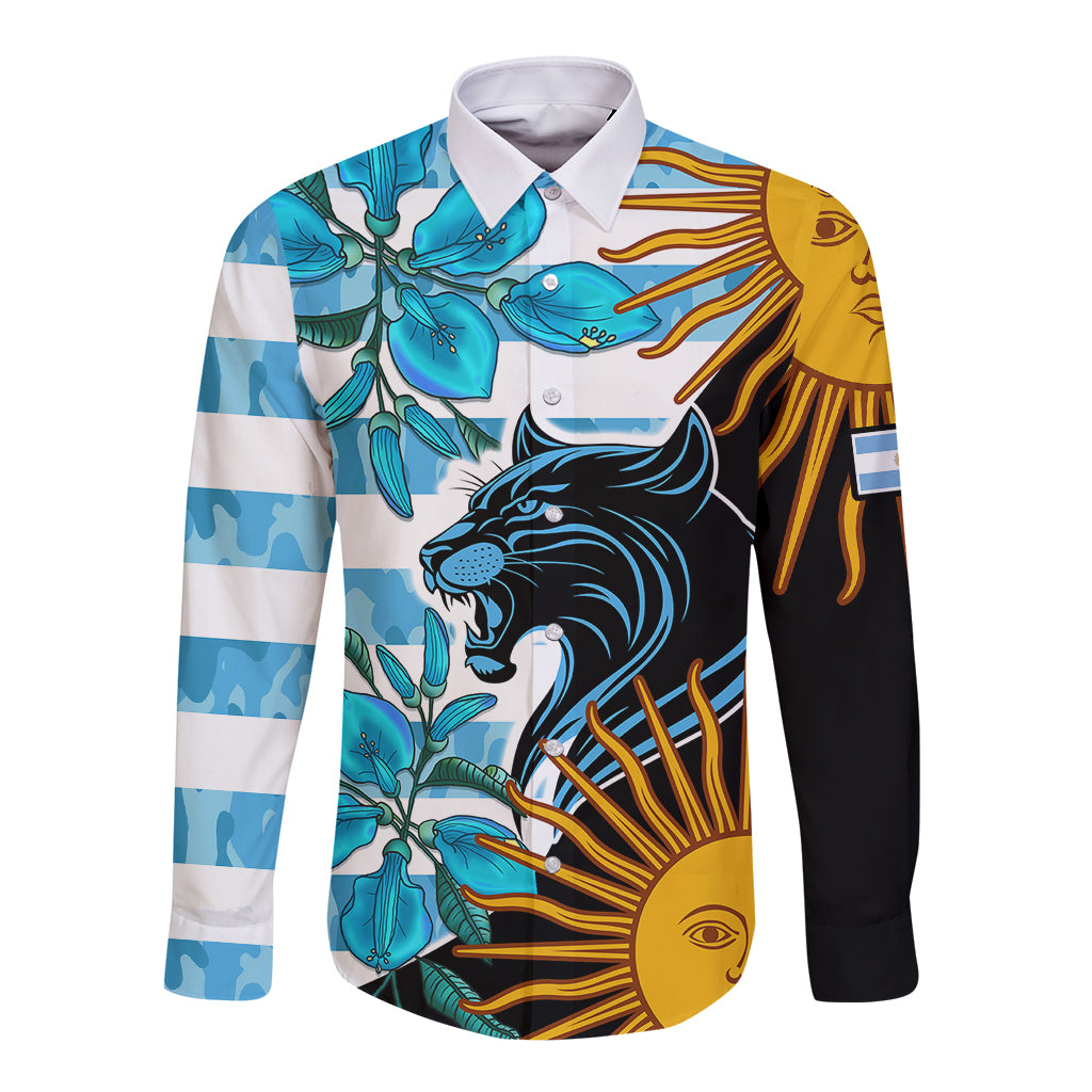 Personalised Argentina Long Sleeve Button Shirt Los Pumas and Sol de Mayo Ceibo Flowers - Wonder Print Shop