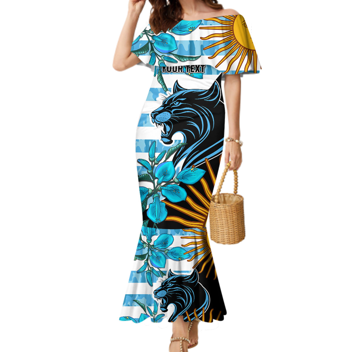 Personalised Argentina Mermaid Dress Los Pumas and Sol de Mayo Ceibo Flowers - Wonder Print Shop