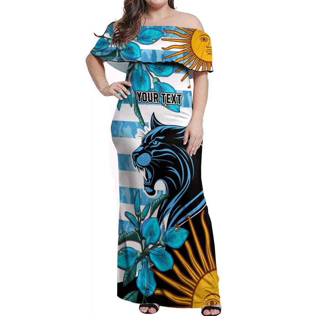 Personalised Argentina Off Shoulder Maxi Dress Los Pumas and Sol de Mayo Ceibo Flowers - Wonder Print Shop