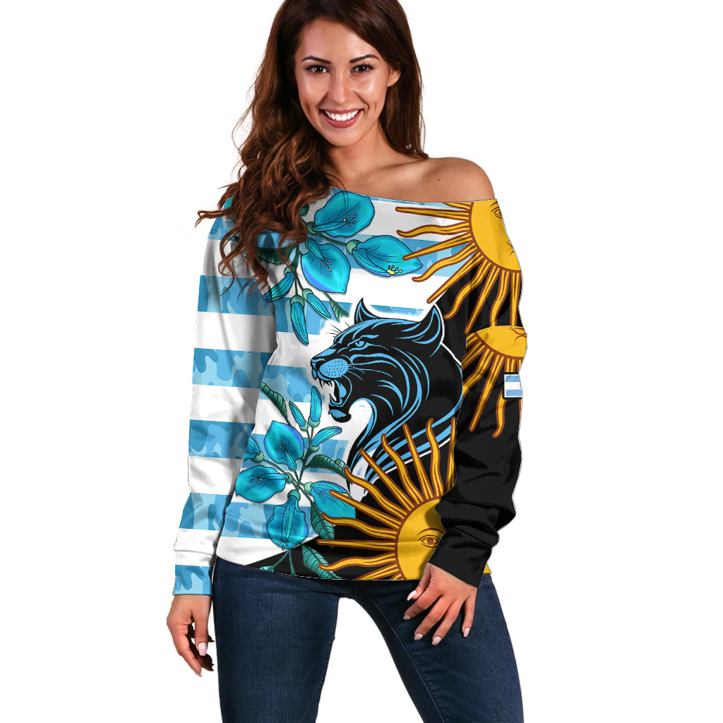 Personalised Argentina Off Shoulder Sweater Los Pumas and Sol de Mayo Ceibo Flowers - Wonder Print Shop