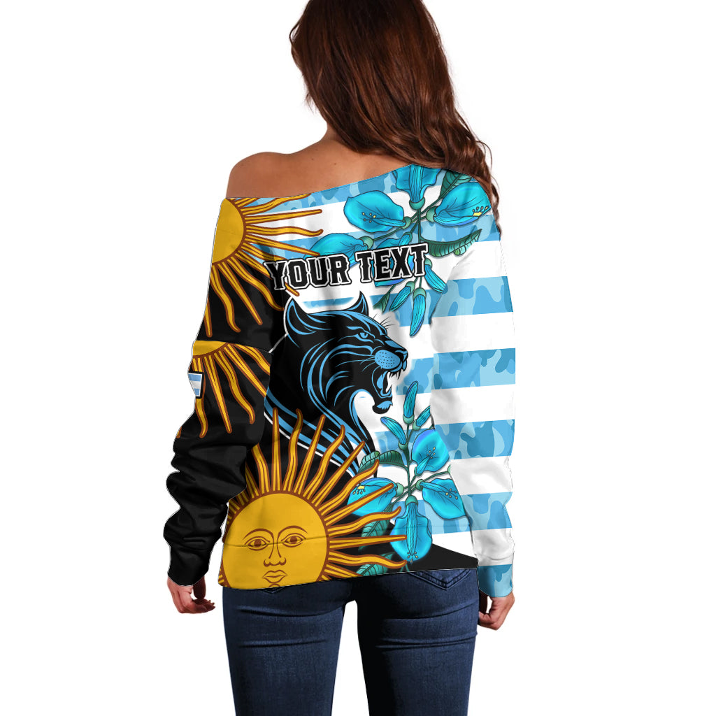 Personalised Argentina Off Shoulder Sweater Los Pumas and Sol de Mayo Ceibo Flowers - Wonder Print Shop