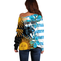Personalised Argentina Off Shoulder Sweater Los Pumas and Sol de Mayo Ceibo Flowers - Wonder Print Shop