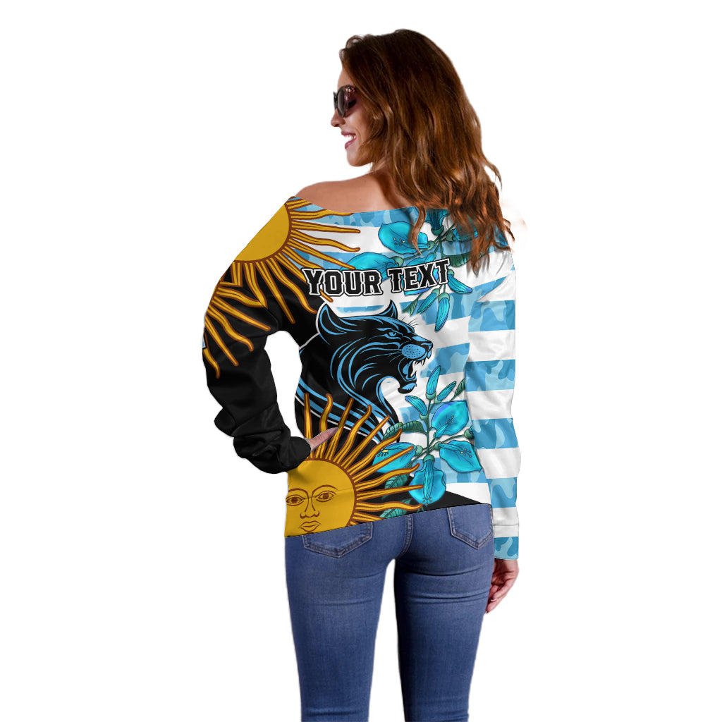 Personalised Argentina Off Shoulder Sweater Los Pumas and Sol de Mayo Ceibo Flowers - Wonder Print Shop