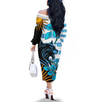 Personalised Argentina Off The Shoulder Long Sleeve Dress Los Pumas and Sol de Mayo Ceibo Flowers - Wonder Print Shop