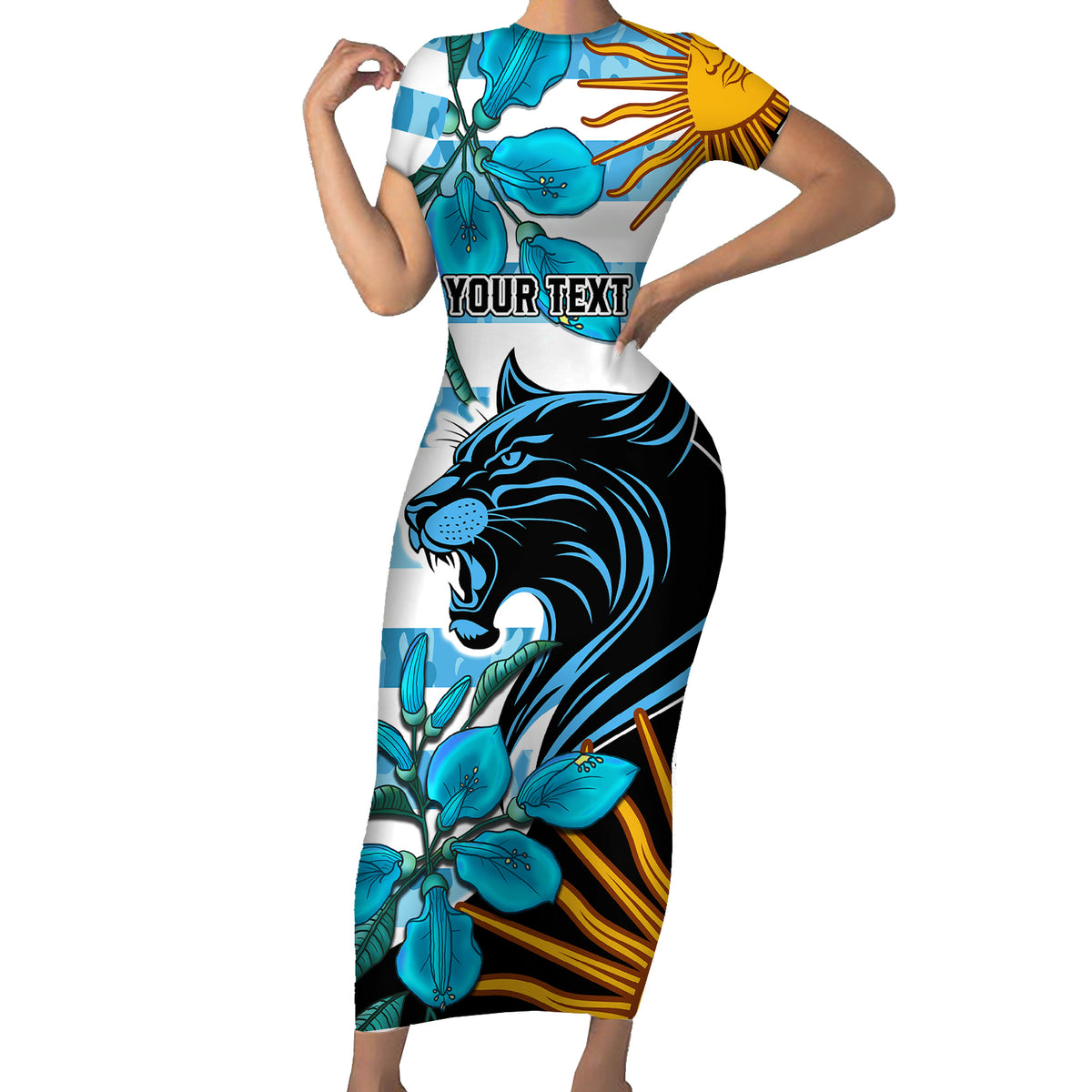 Personalised Argentina Short Sleeve Bodycon Dress Los Pumas and Sol de Mayo Ceibo Flowers - Wonder Print Shop