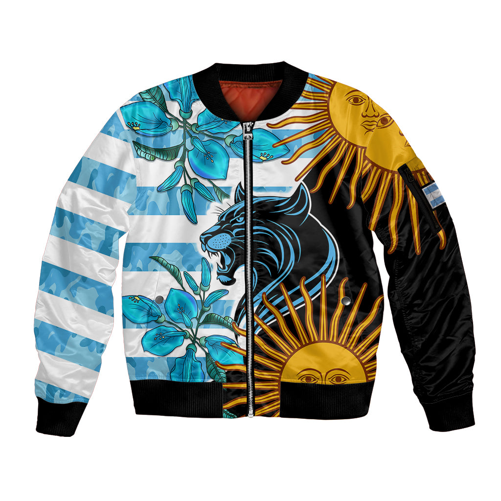 Personalised Argentina Sleeve Zip Bomber Jacket Los Pumas and Sol de Mayo Ceibo Flowers - Wonder Print Shop