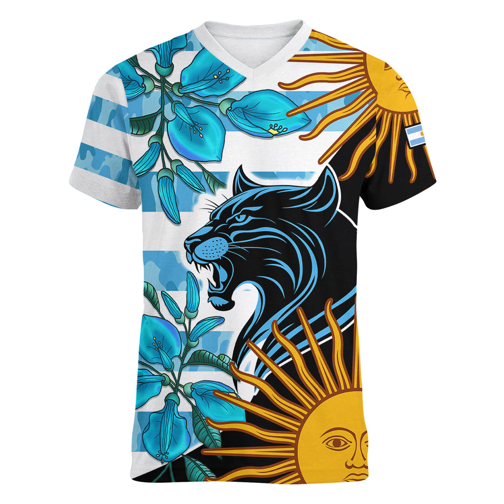Personalised Argentina Women V Neck T Shirt Los Pumas and Sol de Mayo Ceibo Flowers - Wonder Print Shop