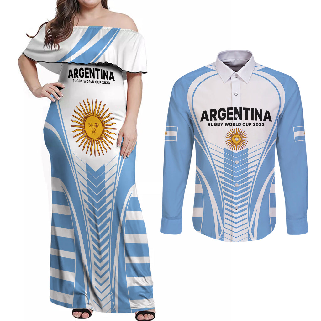 Argentina Rugby Couples Matching Off Shoulder Maxi Dress and Long Sleeve Button Shirts World Cup 2023 Los Pumas Go Champion LT9 - Wonder Print Shop
