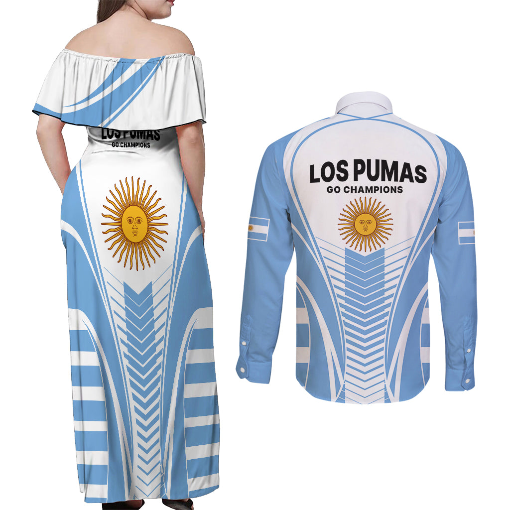Argentina Rugby Couples Matching Off Shoulder Maxi Dress and Long Sleeve Button Shirts World Cup 2023 Los Pumas Go Champion LT9 - Wonder Print Shop