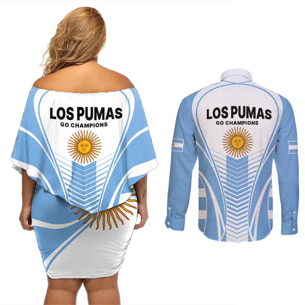 Argentina Rugby Couples Matching Off Shoulder Short Dress and Long Sleeve Button Shirts World Cup 2023 Los Pumas Go Champion LT9 - Wonder Print Shop