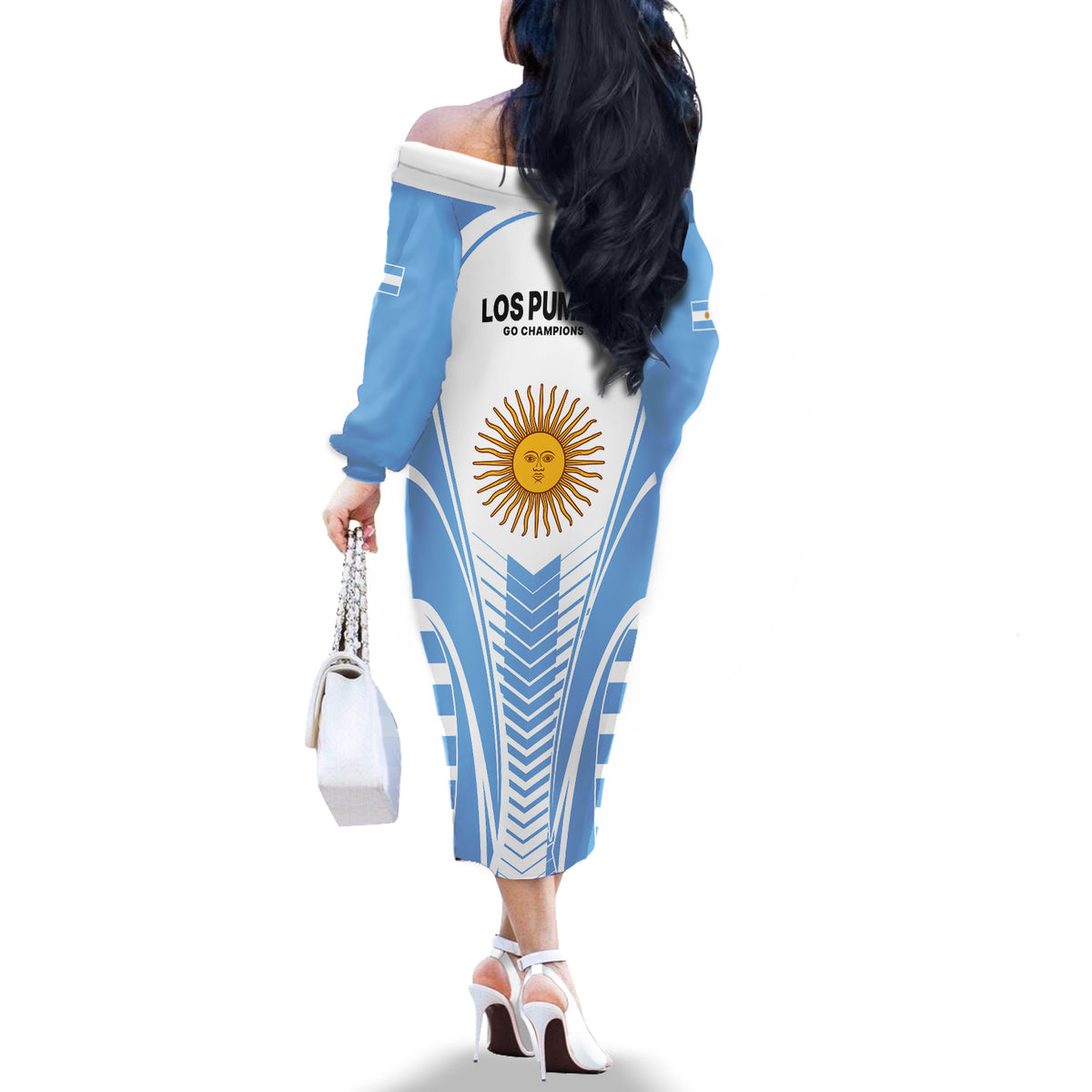 Argentina Rugby Off The Shoulder Long Sleeve Dress World Cup 2023 Los Pumas Go Champion - Wonder Print Shop