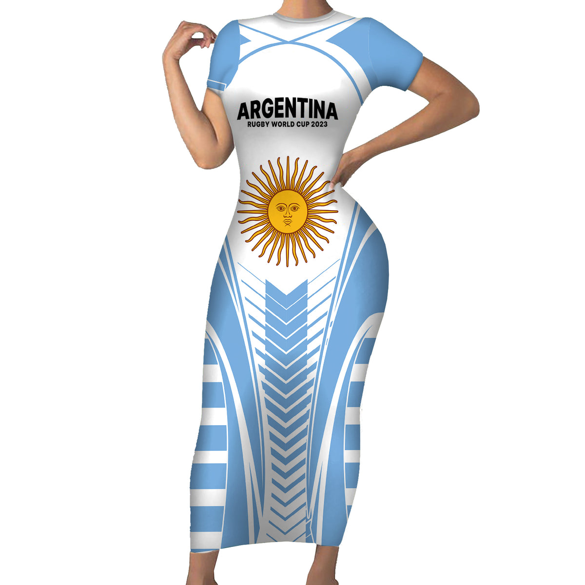 Argentina Rugby Short Sleeve Bodycon Dress World Cup 2023 Los Pumas Go Champion - Wonder Print Shop