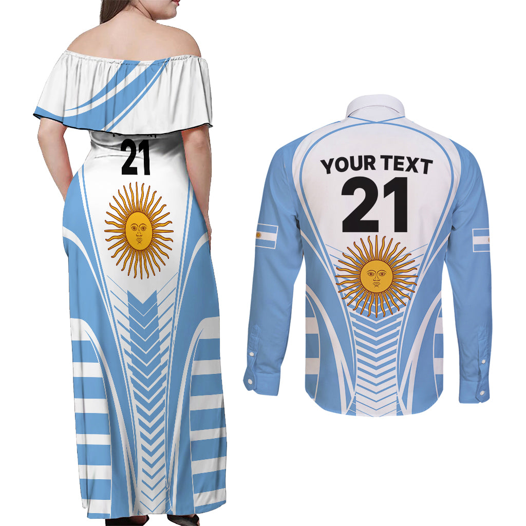 Custom Argentina Rugby Couples Matching Off Shoulder Maxi Dress and Long Sleeve Button Shirts World Cup 2023 Los Pumas Go Champion LT9 - Wonder Print Shop