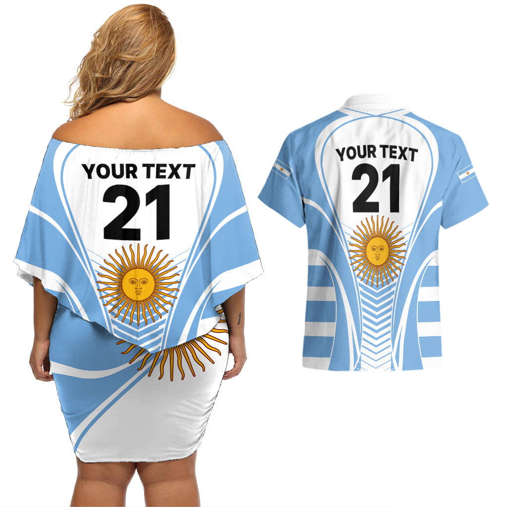 Custom Argentina Rugby Couples Matching Off Shoulder Short Dress and Hawaiian Shirt World Cup 2023 Los Pumas Go Champion LT9 - Wonder Print Shop