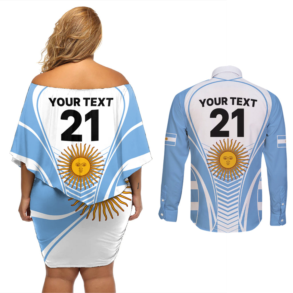Custom Argentina Rugby Couples Matching Off Shoulder Short Dress and Long Sleeve Button Shirts World Cup 2023 Los Pumas Go Champion LT9 - Wonder Print Shop